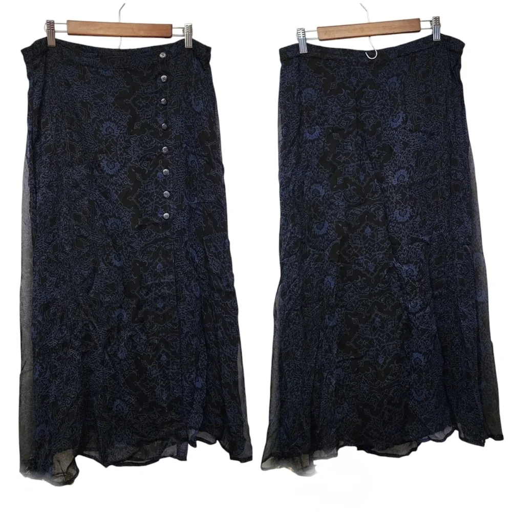 Vintage Revue Black Rayon Midi Skirt Button Down Front Slit 90s Whimsigoth Size